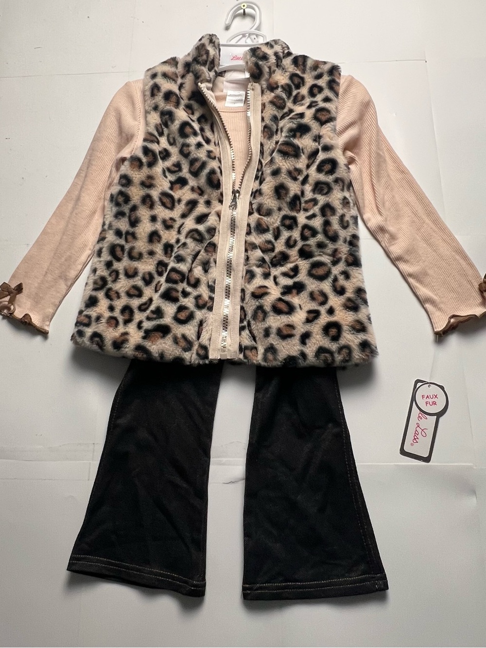 Little Lass Girl Leopard Faux Fur Zip Vest with Blush Top and Black Pants Set 4T